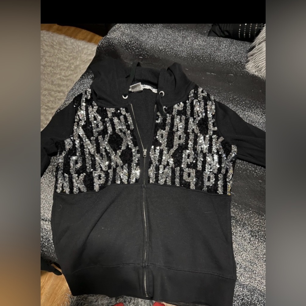 Pink Victoria Secret Black Sequin Zip Hoodie - Sparkling Script Detail